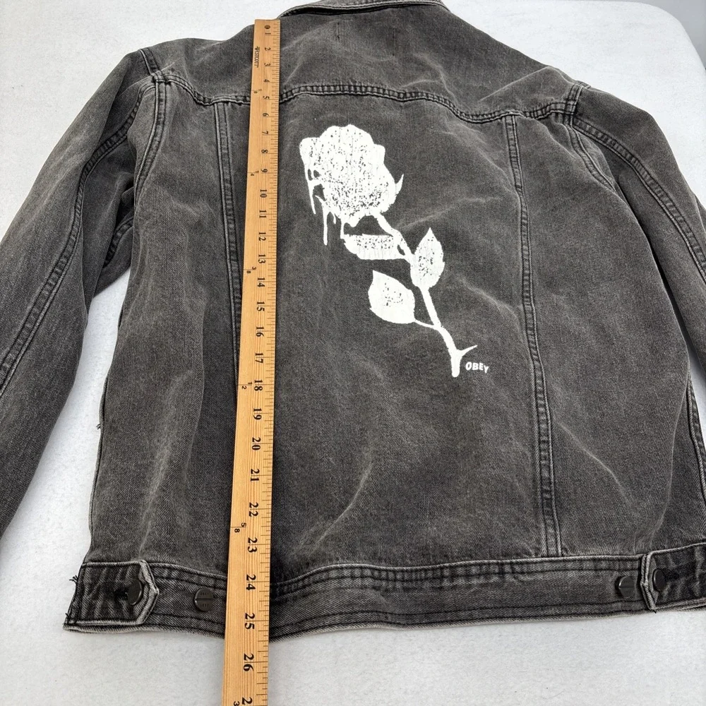 Obey Denim Jacket Mens Medium Trucker Button Up Distressed Black Rose Graphic